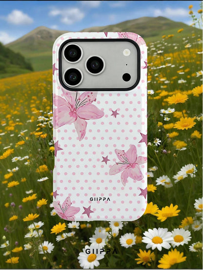 GIIPPA 1pc Pink Polka Dot Background With Pink Hibiscus And Pink Star Pattern Design, Phone 17 Pro Max Phone Case, Compatible With Phone 16 Pro Max, 15 Pro Max, 14 Pro Max, Korean Style High-End Fashi
