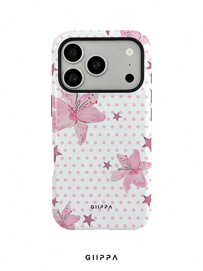 GIIPPA 1pc Pink Polka Dot Background With Pink Hibiscus And Pink Star Pattern Design, Phone 17 Pro Max Phone Case, Compatible With Phone 16 Pro Max, 15 Pro Max, 14 Pro Max, Korean Style High-End Fashi