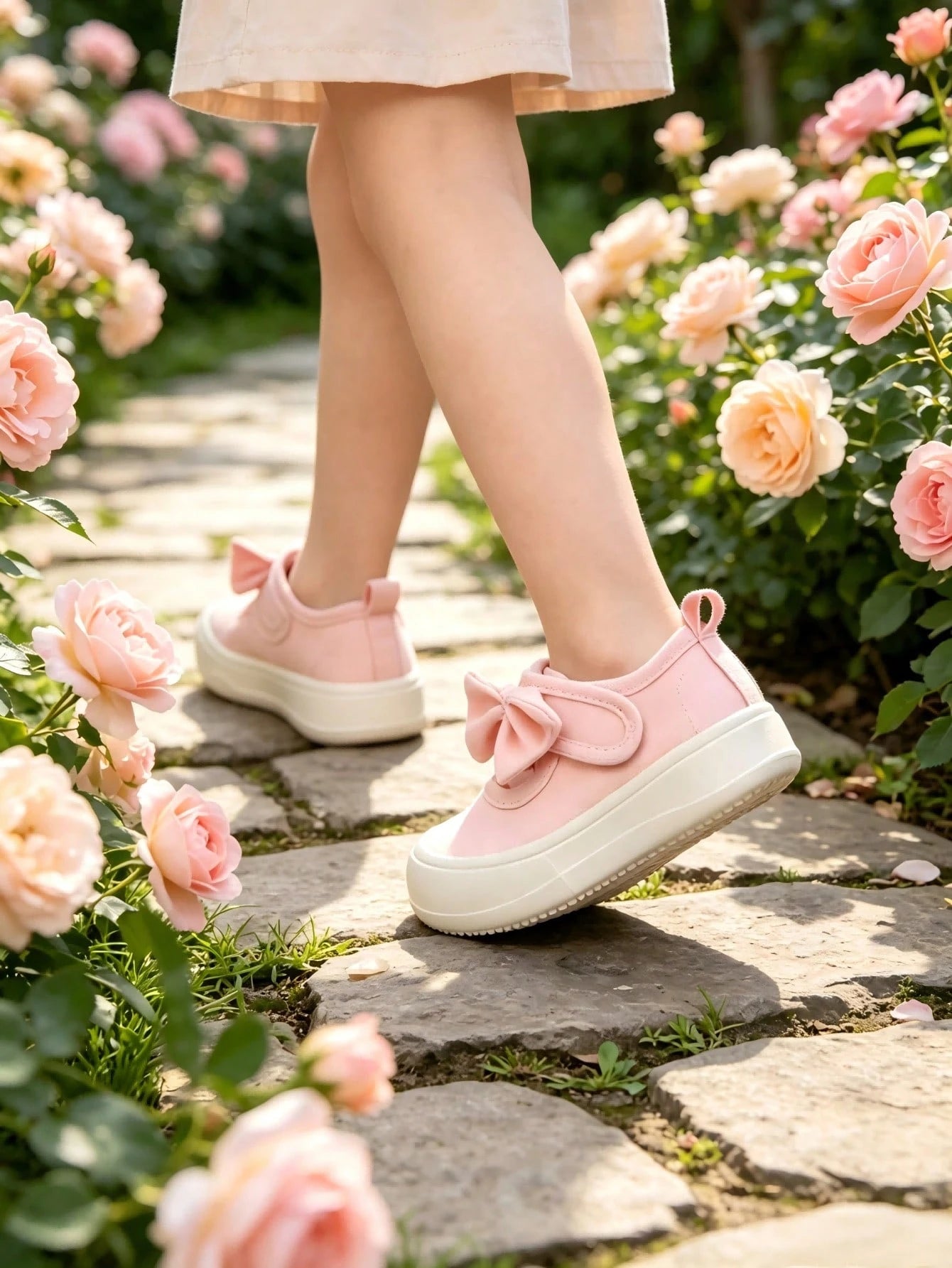 Girls' Pink Sweet Style Cute Bow Fashion Comfortable Breathable Soft Sole Casual Square Toe Cloth Shoes Suitable For Spring Outdoor Garden Activities And Play