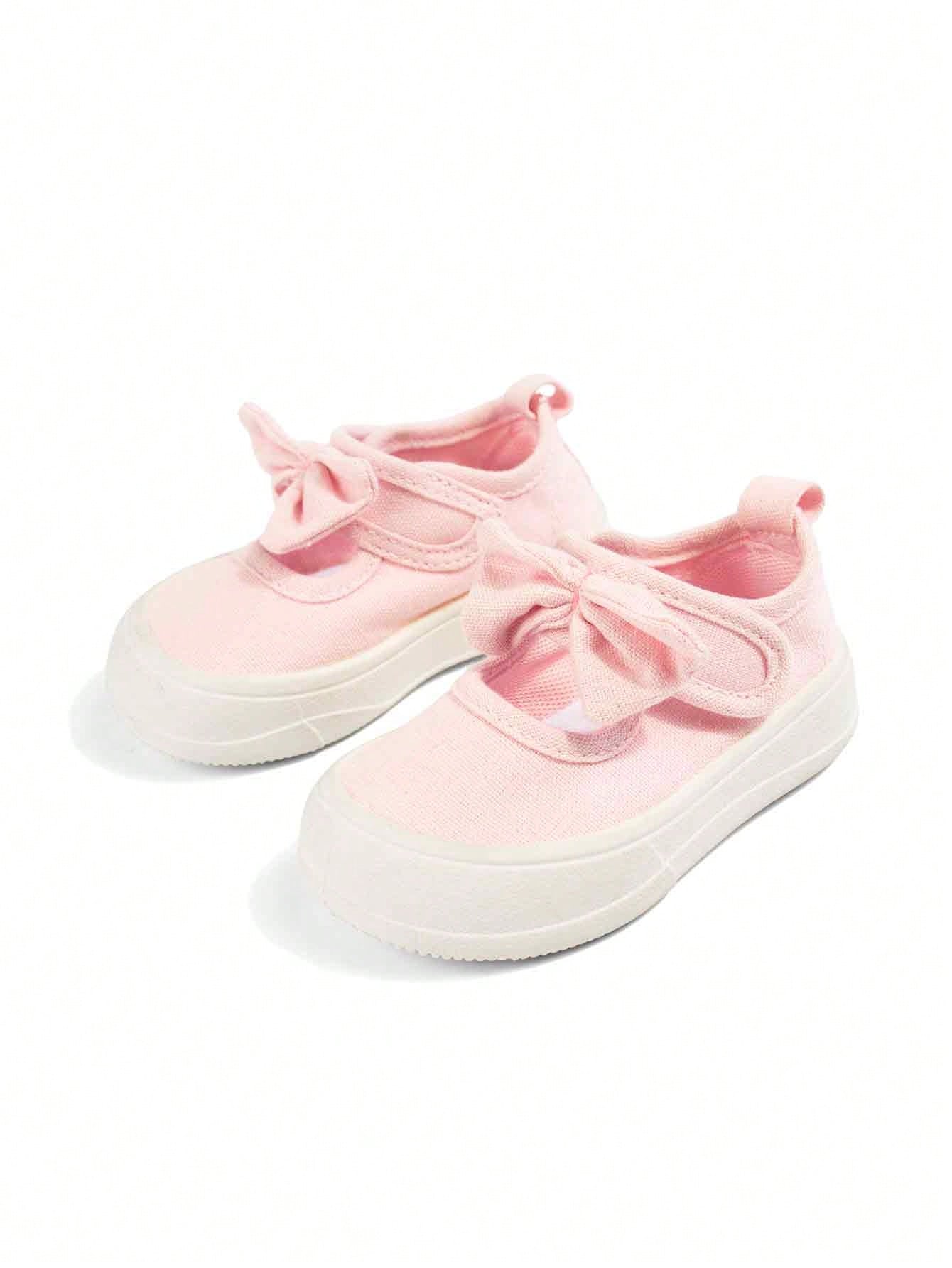 Girls' Pink Sweet Style Cute Bow Fashion Comfortable Breathable Soft Sole Casual Square Toe Cloth Shoes Suitable For Spring Outdoor Garden Activities And Play