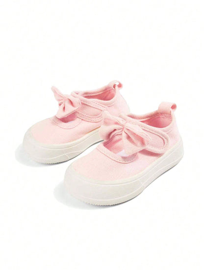 Girls' Pink Sweet Style Cute Bow Fashion Comfortable Breathable Soft Sole Casual Square Toe Cloth Shoes Suitable For Spring Outdoor Garden Activities And Play