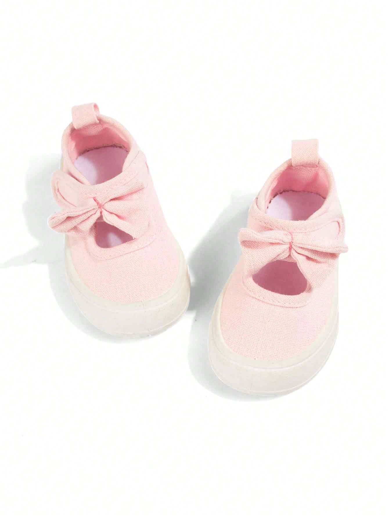 Girls' Pink Sweet Style Cute Bow Fashion Comfortable Breathable Soft Sole Casual Square Toe Cloth Shoes Suitable For Spring Outdoor Garden Activities And Play