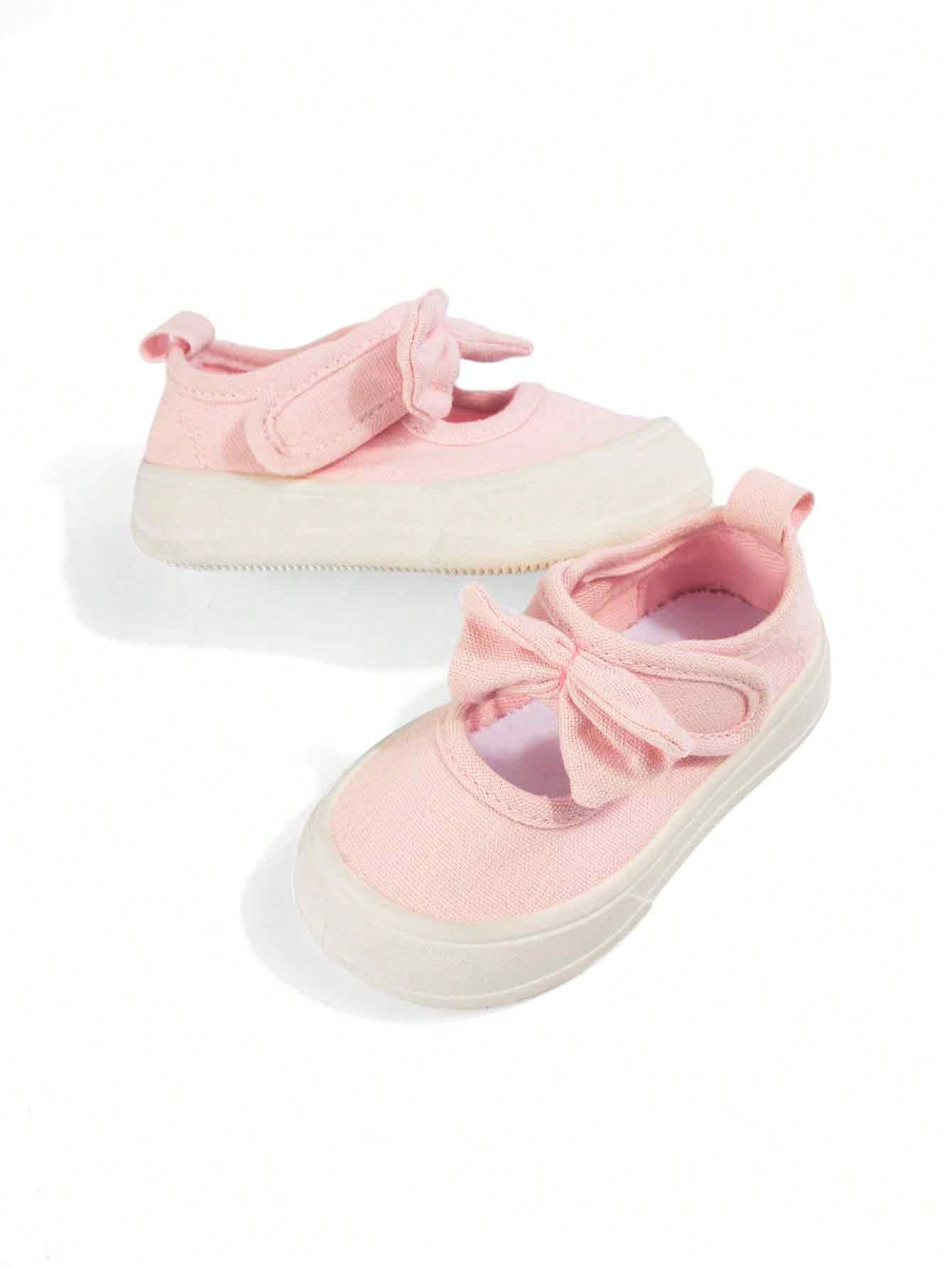 Girls' Pink Sweet Style Cute Bow Fashion Comfortable Breathable Soft Sole Casual Square Toe Cloth Shoes Suitable For Spring Outdoor Garden Activities And Play