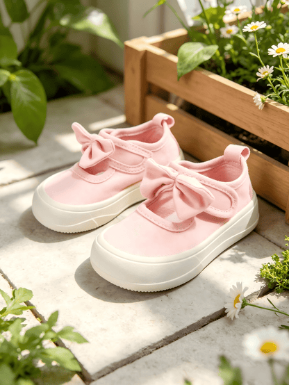Girls' Pink Sweet Style Cute Bow Fashion Comfortable Breathable Soft Sole Casual Square Toe Cloth Shoes Suitable For Spring Outdoor Garden Activities And Play
