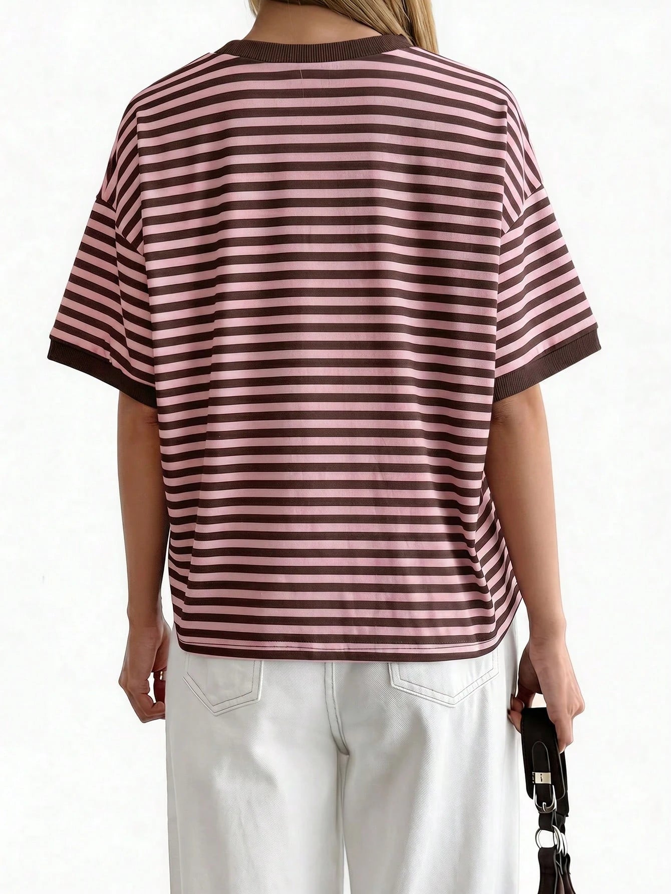 GLAMSKIN Women's Summer/Autumn Basic Striped Crew Neck Loose Short Sleeve T-Shirt, Solid Color Minimalist Casual Top, Suitable For Back To School, Going Out, Streetwear, Work Commute