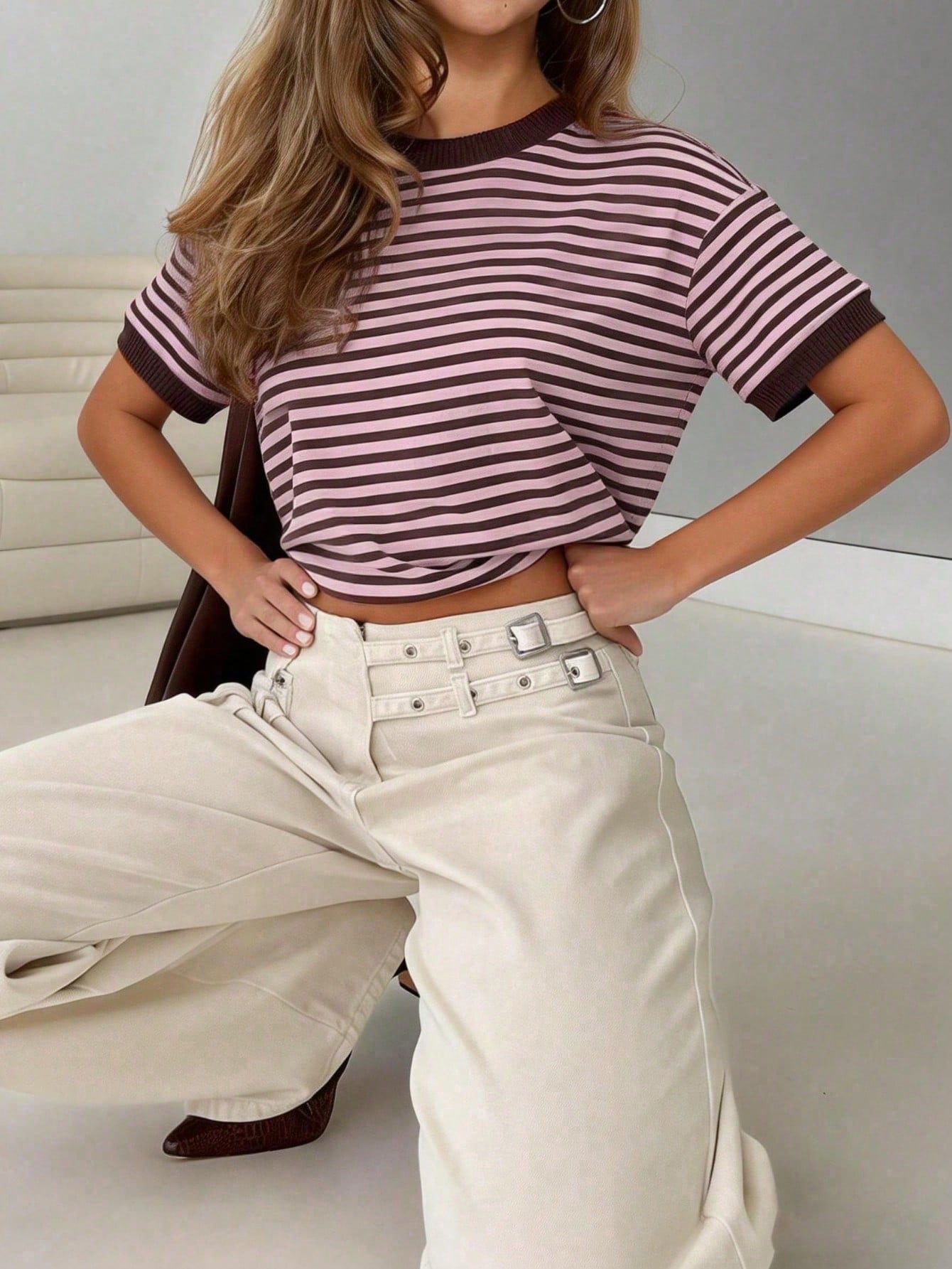 GLAMSKIN Women's Summer/Autumn Basic Striped Crew Neck Loose Short Sleeve T-Shirt, Solid Color Minimalist Casual Top, Suitable For Back To School, Going Out, Streetwear, Work Commute