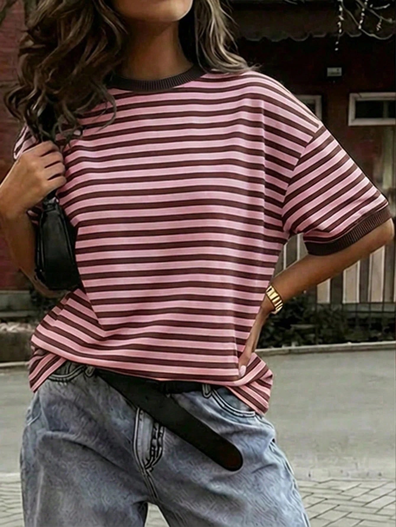 GLAMSKIN Women's Summer/Autumn Basic Striped Crew Neck Loose Short Sleeve T-Shirt, Solid Color Minimalist Casual Top, Suitable For Back To School, Going Out, Streetwear, Work Commute