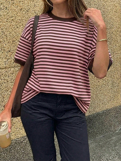 GLAMSKIN Women's Summer/Autumn Basic Striped Crew Neck Loose Short Sleeve T-Shirt, Solid Color Minimalist Casual Top, Suitable For Back To School, Going Out, Streetwear, Work Commute