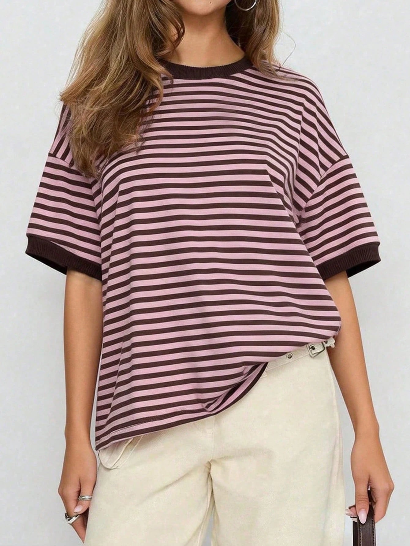 GLAMSKIN Women's Summer/Autumn Basic Striped Crew Neck Loose Short Sleeve T-Shirt, Solid Color Minimalist Casual Top, Suitable For Back To School, Going Out, Streetwear, Work Commute