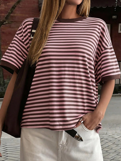 GLAMSKIN Women's Summer/Autumn Basic Striped Crew Neck Loose Short Sleeve T-Shirt, Solid Color Minimalist Casual Top, Suitable For Back To School, Going Out, Streetwear, Work Commute