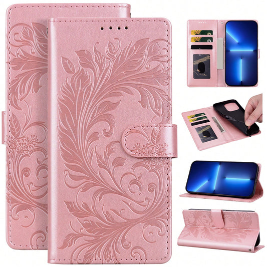 GLANDOTU Pink Retro Scroll-Patterned Vine-Embossed PU Leather Wallet-Style Flip Phone Case With Multiple Card Slots And A Stand, Compatible With A Wide Range Of Mobile Phone Models