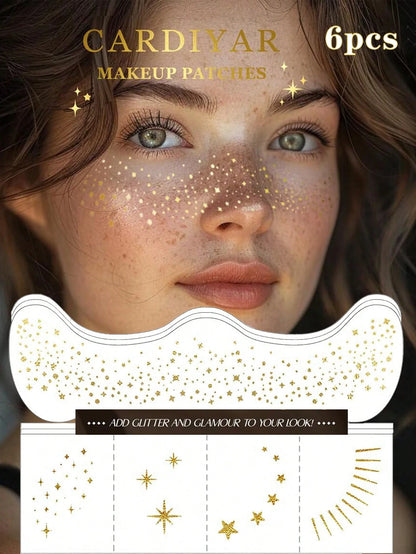 Glitter Freckles, 6PCS Glitter Freckles Face Tattoo, Sparkle Freckles For Women, Waterproof Gold Temporary Face Tattoos Glitter Glow Up Patches Makeup Patches Mardi Gras(Gold)