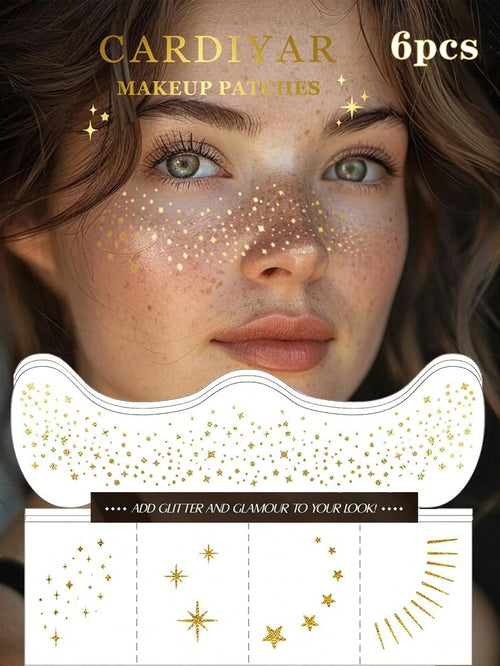 Glitter Freckles, 6PCS Glitter Freckles Face Tattoo, Sparkle Freckles For Women, Waterproof Gold Temporary Face Tattoos Glitter Glow Up Patches Makeup Patches Mardi Gras(Gold)