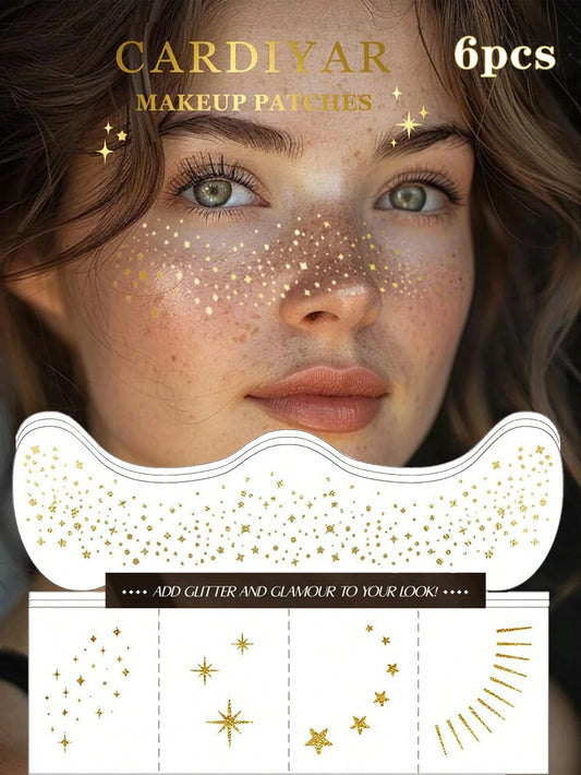 Glitter Freckles, 6PCS Glitter Freckles Face Tattoo, Sparkle Freckles For Women, Waterproof Gold Temporary Face Tattoos Glitter Glow Up Patches Makeup Patches Mardi Gras(Gold)
