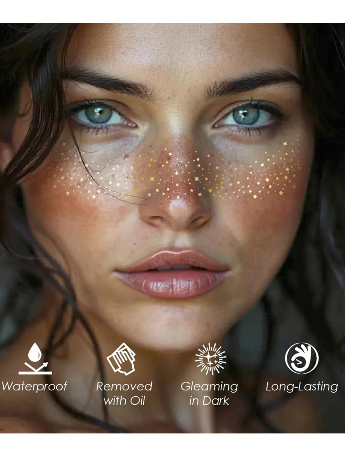 Glitter Freckles, 6PCS Glitter Freckles Face Tattoo, Sparkle Freckles For Women, Waterproof Gold Temporary Face Tattoos Glitter Glow Up Patches Makeup Patches Mardi Gras(Gold)