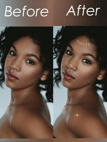 Glitter Freckles, 6PCS Glitter Freckles Face Tattoo, Sparkle Freckles For Women, Waterproof Gold Temporary Face Tattoos Glitter Glow Up Patches Makeup Patches Mardi Gras(Gold)