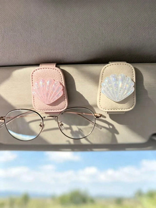 Glitter Shell Soft Leather Car Glasses Clip, Pink And Beige, Universal Car Sun Visor Fashion Glasses And Parking Ticket Holder