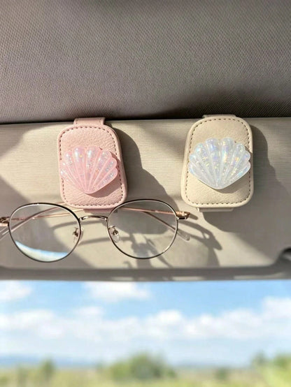 Glitter Shell Soft Leather Car Glasses Clip, Pink And Beige, Universal Car Sun Visor Fashion Glasses And Parking Ticket Holder