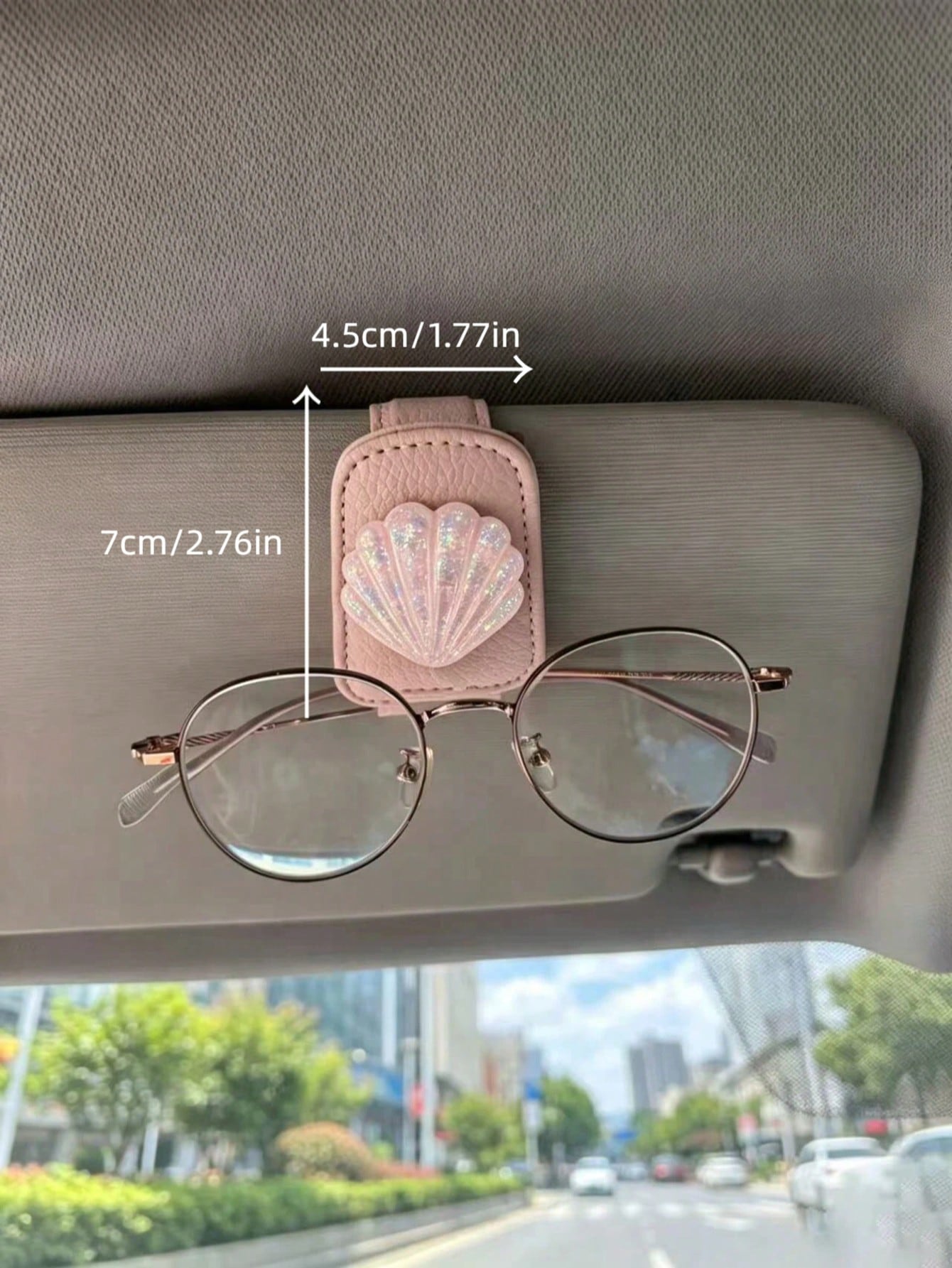 Glitter Shell Soft Leather Car Glasses Clip, Pink And Beige, Universal Car Sun Visor Fashion Glasses And Parking Ticket Holder