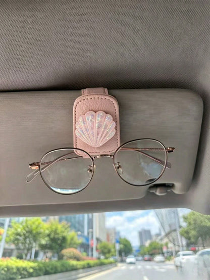 Glitter Shell Soft Leather Car Glasses Clip, Pink And Beige, Universal Car Sun Visor Fashion Glasses And Parking Ticket Holder