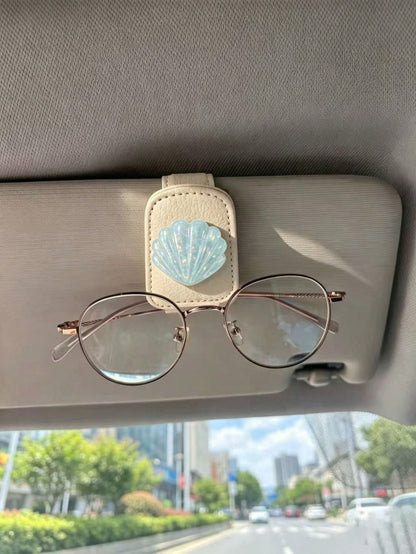 Glitter Shell Soft Leather Car Glasses Clip, Pink And Beige, Universal Car Sun Visor Fashion Glasses And Parking Ticket Holder