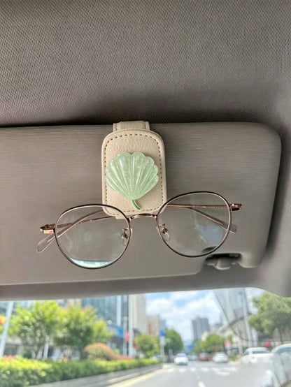 Glitter Shell Soft Leather Car Glasses Clip, Pink And Beige, Universal Car Sun Visor Fashion Glasses And Parking Ticket Holder