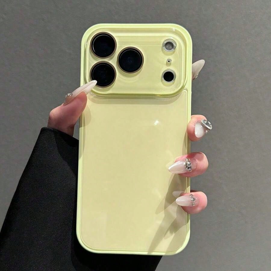 Glossy Pastel Yellow Candy Color Phone Case With Large Full Camera Lens Protection Window, Shockproof Anti-Scratch Hard Bumper Cover, Minimalist Solid Color Aesthetic Slim Fit Case For IPhone 17/16/15