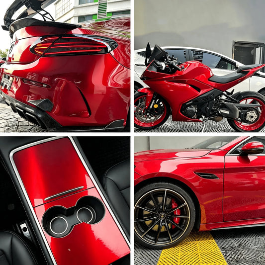 Glossy Red Vinyl Wrap Film, Waterproof Self-Adhesive Car Decal Sticker With Air Release Film, Suitable For Car And Motorcycle Body Modification