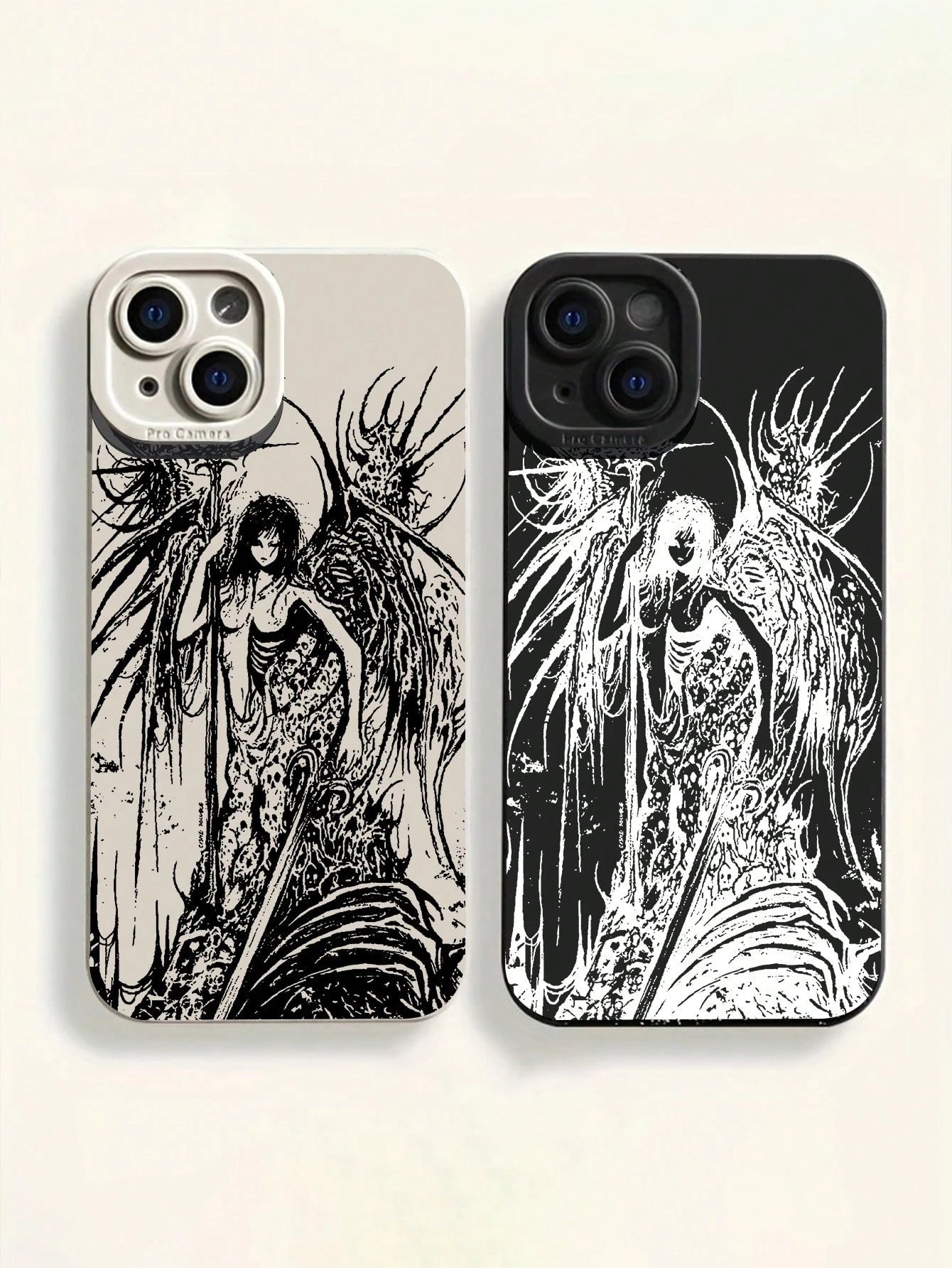 Gothic Style Fashion 2pcs Perforated Straight Edge Portrait Painted Thick Shockproof Protective Phone Case, Compatible With IPhone 15 Pro Max, Compatible With IPhone 16, Compatible With IPhone 16 Pro