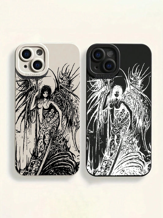Gothic Style Fashion 2pcs Perforated Straight Edge Portrait Painted Thick Shockproof Protective Phone Case, Compatible With IPhone 15 Pro Max, Compatible With IPhone 16, Compatible With IPhone 16 Pro