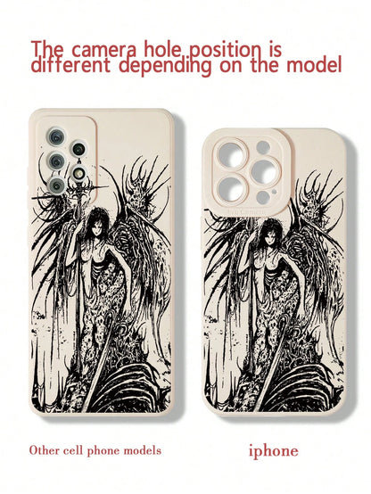 Gothic Style Fashion 2pcs Perforated Straight Edge Portrait Painted Thick Shockproof Protective Phone Case, Compatible With IPhone 15 Pro Max, Compatible With IPhone 16, Compatible With IPhone 16 Pro
