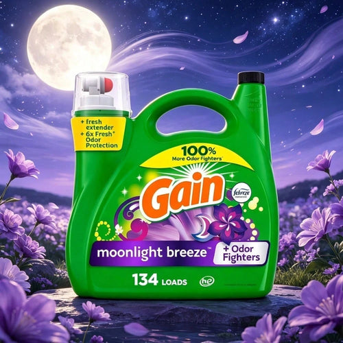 Great Value Pack! Gain Moonlight Breeze Detergent With Enhanced Odor Fighters, Large Capacity And More Value.