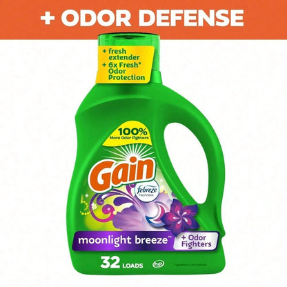 Great Value Pack! Gain Moonlight Breeze Detergent With Enhanced Odor Fighters, Large Capacity And More Value.