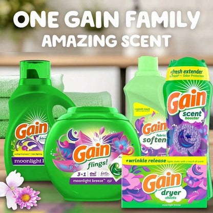 Great Value Pack! Gain Moonlight Breeze Detergent With Enhanced Odor Fighters, Large Capacity And More Value.
