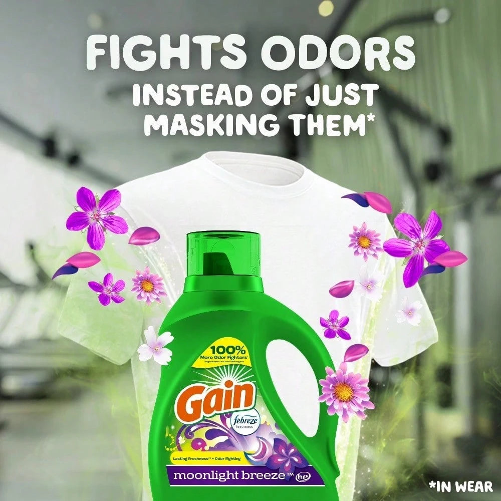 Great Value Pack! Gain Moonlight Breeze Detergent With Enhanced Odor Fighters, Large Capacity And More Value.