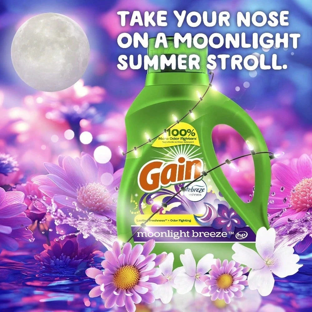 Great Value Pack! Gain Moonlight Breeze Detergent With Enhanced Odor Fighters, Large Capacity And More Value.