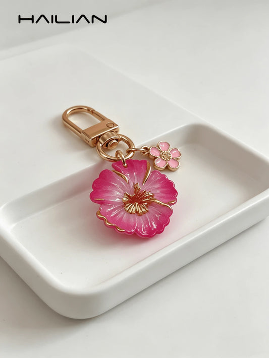 HAILIAN Cute Flower Keychain, Gradient Resin Hibiscus Flower Bag Charm With Mini Flower Pendant, Gold-Plated Keyring, Suitable For Wallet, Backpack, Handbag, Car Keys Decoration, Great Gift For Women
