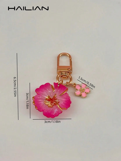 HAILIAN Cute Flower Keychain, Gradient Resin Hibiscus Flower Bag Charm With Mini Flower Pendant, Gold-Plated Keyring, Suitable For Wallet, Backpack, Handbag, Car Keys Decoration, Great Gift For Women