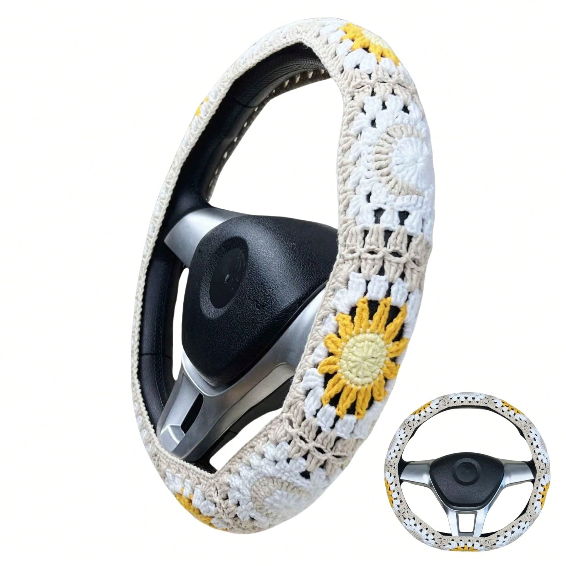 Handmade Crochet White Moon And Sun Car Steering Wheel Covers Universal 14-15 Inch For Women And Men