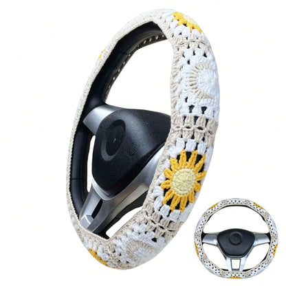 Handmade Crochet White Moon And Sun Car Steering Wheel Covers Universal 14-15 Inch For Women And Men