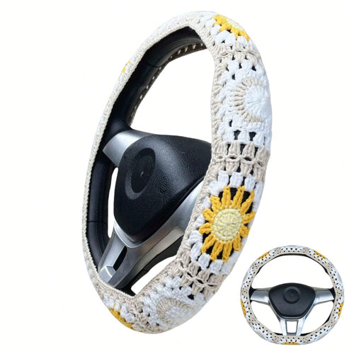 Handmade Crochet White Moon And Sun Car Steering Wheel Covers Universal 14-15 Inch For Women And Men