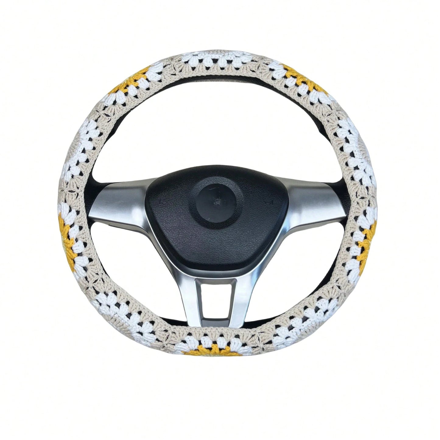Handmade Crochet White Moon And Sun Car Steering Wheel Covers Universal 14-15 Inch For Women And Men
