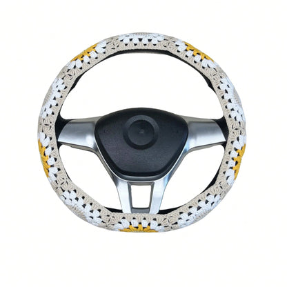 Handmade Crochet White Moon And Sun Car Steering Wheel Covers Universal 14-15 Inch For Women And Men
