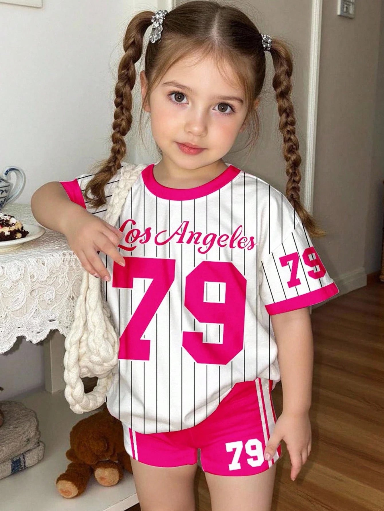 Happikins 2pcs Baby Girl Cute Summer School Outfit,Pink And White Striped Numeric 79 Print Short Sleeve T-Shirt And Skinny Cycling Shorts Set,Vacay