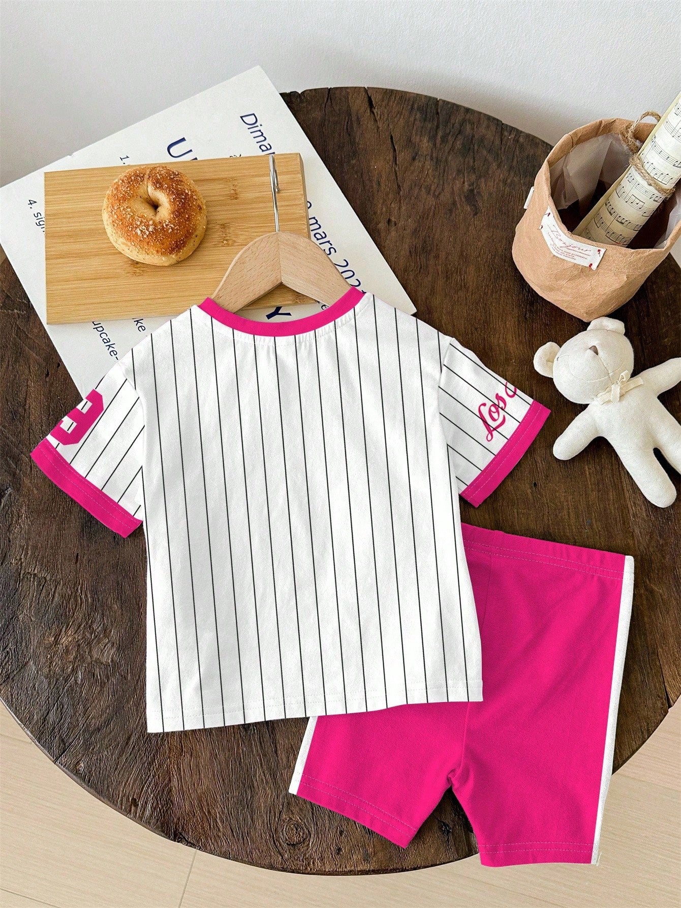 Happikins 2pcs Baby Girl Cute Summer School Outfit,Pink And White Striped Numeric 79 Print Short Sleeve T-Shirt And Skinny Cycling Shorts Set,Vacay