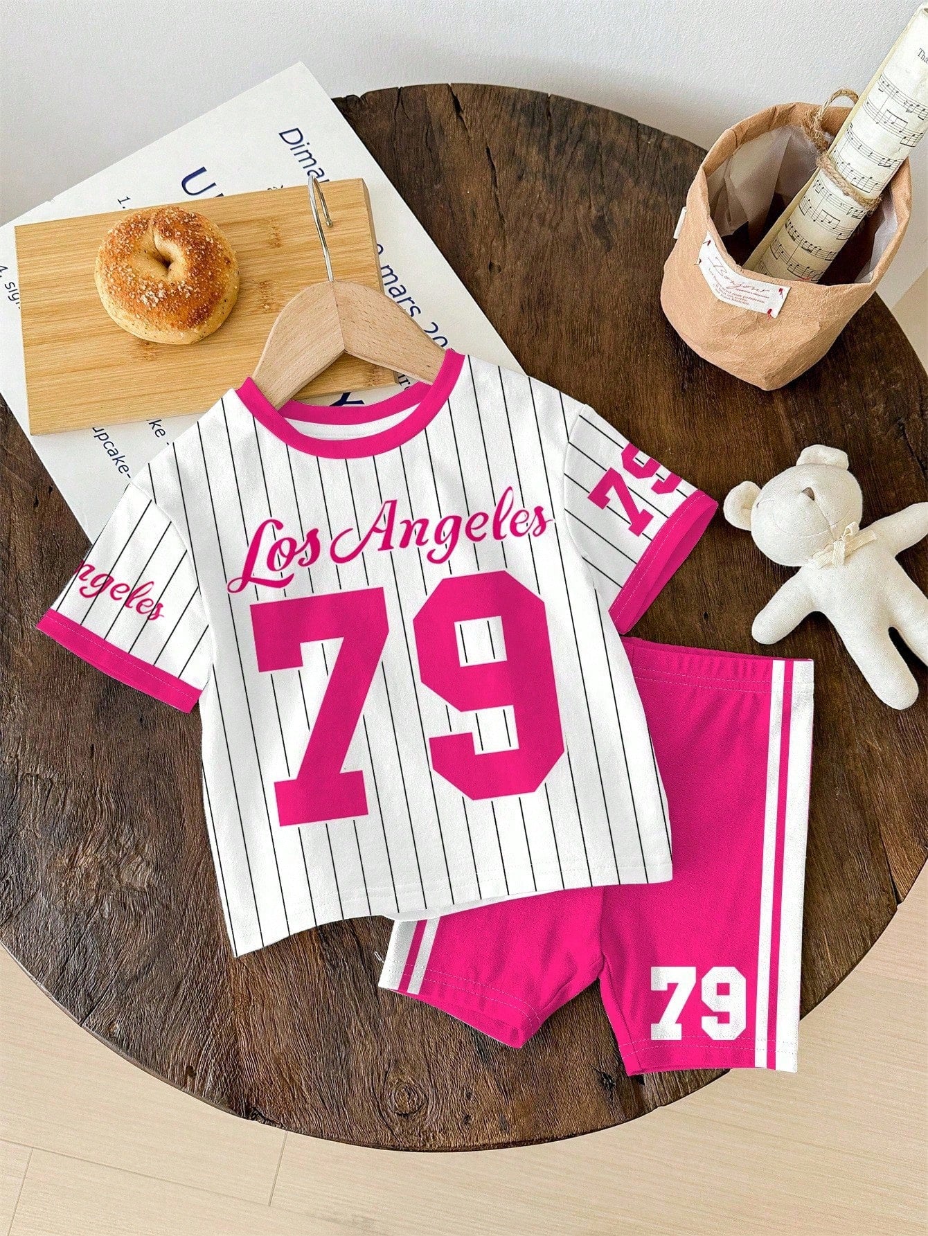 Happikins 2pcs Baby Girl Cute Summer School Outfit,Pink And White Striped Numeric 79 Print Short Sleeve T-Shirt And Skinny Cycling Shorts Set,Vacay