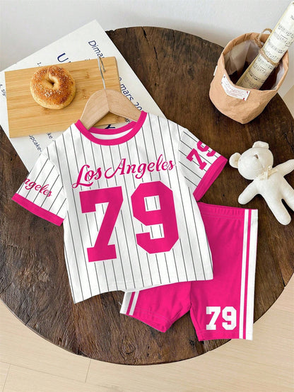 Happikins 2pcs Baby Girl Cute Summer School Outfit,Pink And White Striped Numeric 79 Print Short Sleeve T-Shirt And Skinny Cycling Shorts Set,Vacay