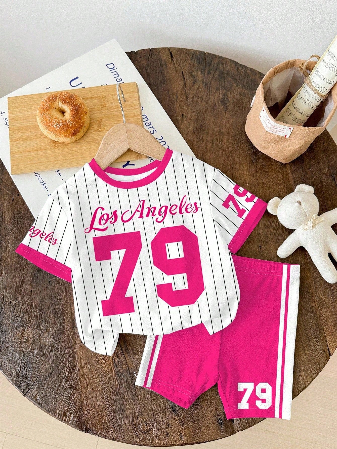 Happikins 2pcs Baby Girl Cute Summer School Outfit,Pink And White Striped Numeric 79 Print Short Sleeve T-Shirt And Skinny Cycling Shorts Set,Vacay