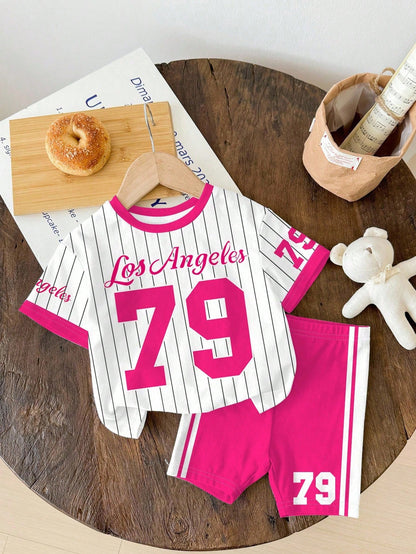 Happikins 2pcs Baby Girl Cute Summer School Outfit,Pink And White Striped Numeric 79 Print Short Sleeve T-Shirt And Skinny Cycling Shorts Set,Vacay