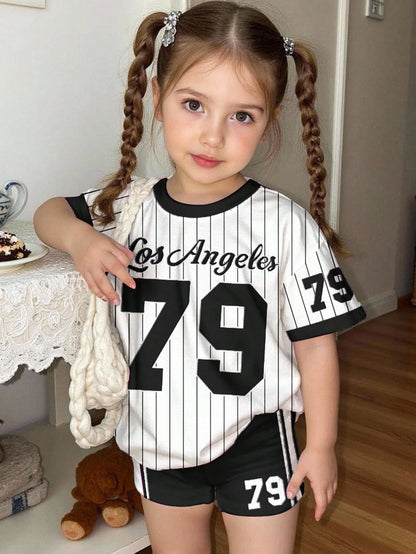 Happikins 2pcs Baby Girl Cute Summer School Outfit,Pink And White Striped Numeric 79 Print Short Sleeve T-Shirt And Skinny Cycling Shorts Set,Vacay